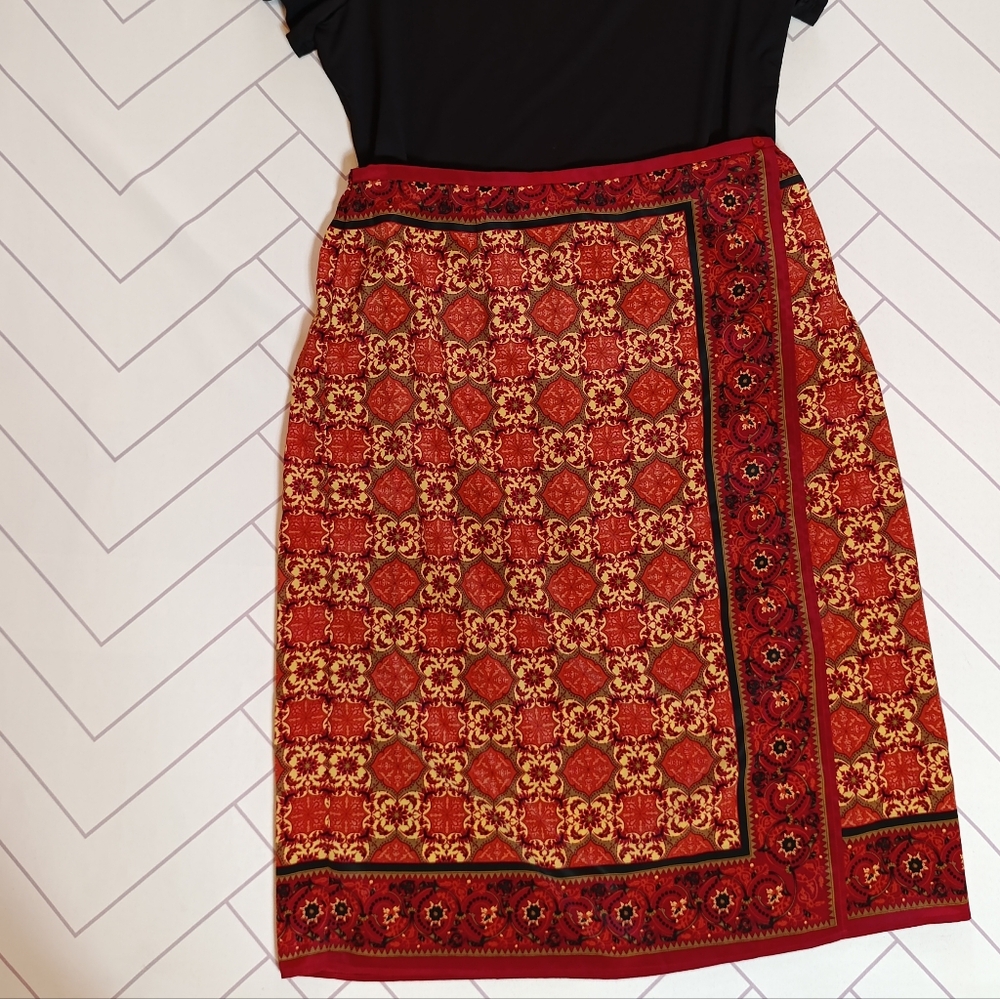 Sag Harbor Red and Gold Wrap Pencil Skirt